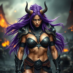 A full-body shot of a fierce armored warrior woman, displayed in high quality and photo-realistic detail