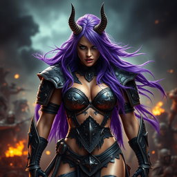 A full-body shot of a fierce armored warrior woman, displayed in high quality and photo-realistic detail