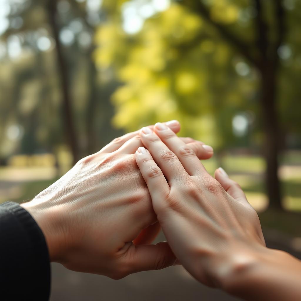 A close-up of two hands gently holding each other, showcasing soft skin tones and delicate fingers