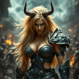 A full-body shot of a fierce armored warrior woman, depicted in high quality and photo-realistic detail