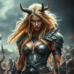 A full-body shot of a fierce armored warrior woman, depicted in high quality and photo-realistic detail