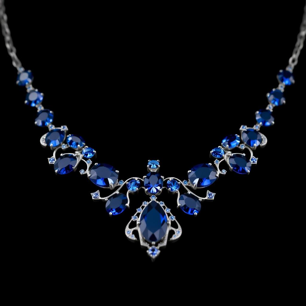 A stunning blue sapphire necklace displayed elegantly on a black background