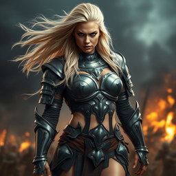 A full-body shot of a fierce armored warrior woman, captured in high quality and photo-realistic detail