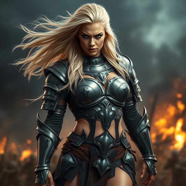 A full-body shot of a fierce armored warrior woman, captured in high quality and photo-realistic detail