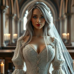 A stunning, busty cleric girl from Europe with slender features, showcasing very large, tender, push-upped breasts