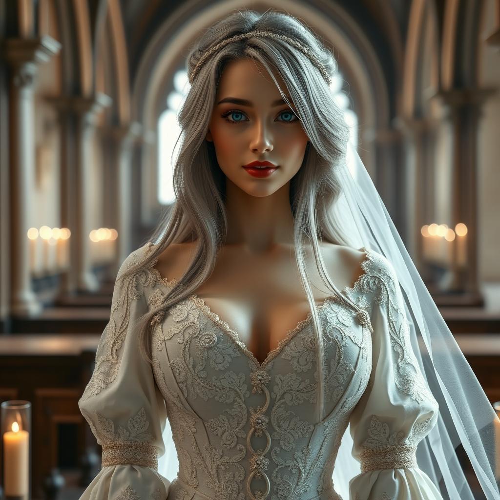 A stunning, busty cleric girl from Europe with slender features, showcasing very large, tender, push-upped breasts