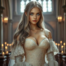 A stunning, busty cleric girl from Europe with slender features, showcasing very large, tender, push-upped breasts