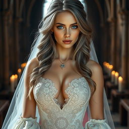 A stunning, busty cleric girl from Europe with slender features, showcasing very large, tender, push-upped breasts