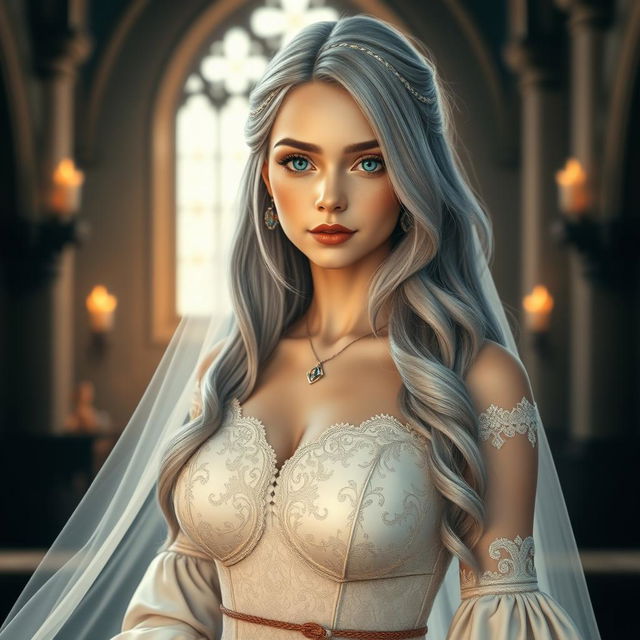 A beautiful slender European cleric girl with large, tender push-upped breasts, showcasing her elegant figure