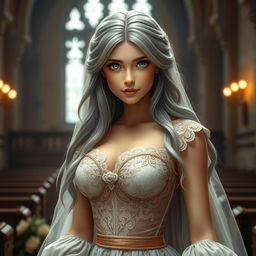 A beautiful slender European cleric girl with large, tender push-upped breasts, showcasing her elegant figure