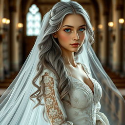 A beautiful slender European cleric girl with large, tender push-upped breasts, showcasing her elegant figure