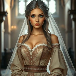 A beautiful slender European cleric girl with large, tender push-upped breasts, showcasing her elegant figure