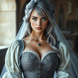 A busty and beautiful European cleric girl with slender features, showcasing very large, tender push-up breasts