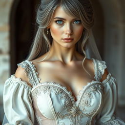 A busty and beautiful European cleric girl with slender features, showcasing very large, tender push-up breasts