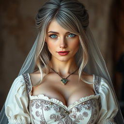 A busty and beautiful European cleric girl with slender features, showcasing very large, tender push-up breasts