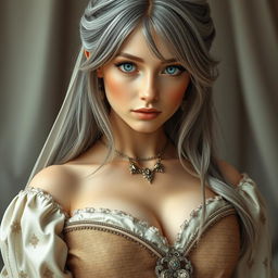 A busty and beautiful European cleric girl with slender features, showcasing very large, tender push-up breasts
