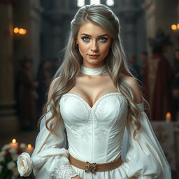 A breathtaking scene featuring a busty cleric, a slender European girl with striking features