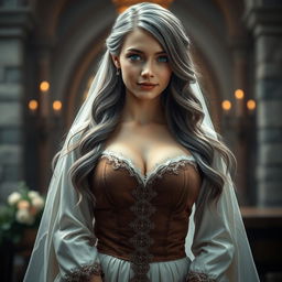 A breathtaking scene featuring a busty cleric, a slender European girl with striking features