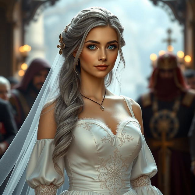 A breathtaking scene featuring a busty cleric, a slender European girl with striking features