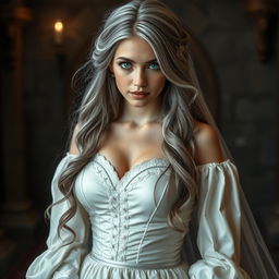 A breathtaking scene featuring a busty cleric, a slender European girl with striking features