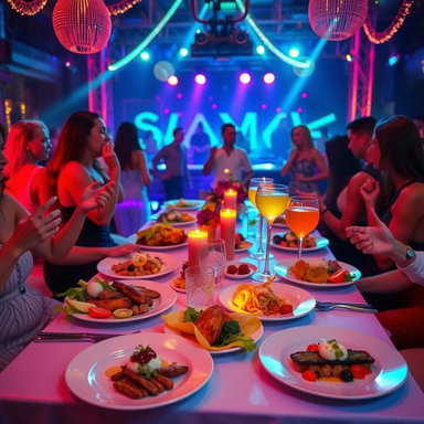 Vibrant Dinner Table Scene at an EDM Event - A Culinary Celebration
