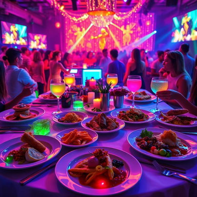 Vibrant Dinner Table Scene at an EDM Event - A Culinary Celebration