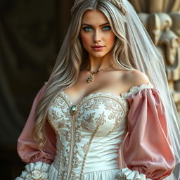 A busty beautiful cleric with a slender European physique, featuring very large tender push-up style breasts