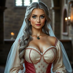 A busty beautiful cleric with a slender European physique, featuring very large tender push-up style breasts