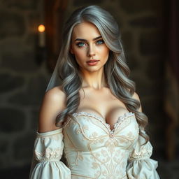 A busty beautiful cleric with a slender European physique, featuring very large tender push-up style breasts