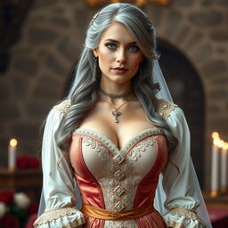 A busty beautiful cleric with a slender European physique, featuring very large tender push-up style breasts
