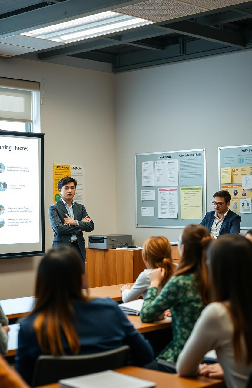 A university student delivering a presentation in front of classmates and a professor