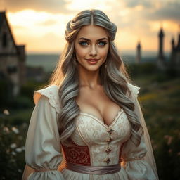 A busty beautiful European cleric girl with very large tender push-upped breasts, long soft layers of ash grey hair cascading down, bright turquoise eyes sparkling with joy, and a lovely cute, shy, loving, diamond-shaped face