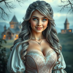 A busty beautiful European cleric girl with very large tender push-upped breasts, long soft layers of ash grey hair cascading down, bright turquoise eyes sparkling with joy, and a lovely cute, shy, loving, diamond-shaped face