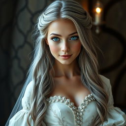 A stunning and beautiful cleric girl of European descent, with a slender figure and very large, tender push-up breasts