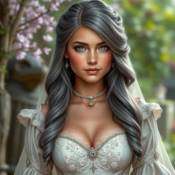 A stunning and beautiful cleric girl of European descent, with a slender figure and very large, tender push-up breasts