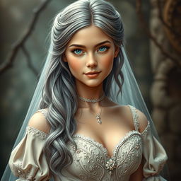 A stunning and beautiful cleric girl of European descent, with a slender figure and very large, tender push-up breasts