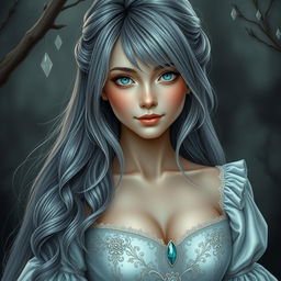 A stunning and beautiful cleric girl of European descent, with a slender figure and very large, tender push-up breasts