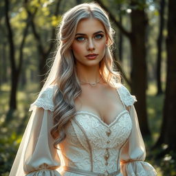 A busty, beautiful cleric, slender European girl with very large, tender push-upped breasts