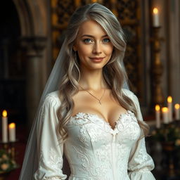 A stunningly beautiful cleric, a slender young European girl with very large, tender push-up breasts