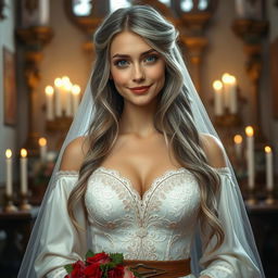 A stunningly beautiful cleric, a slender young European girl with very large, tender push-up breasts