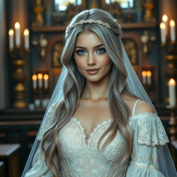 A stunningly beautiful cleric, a slender young European girl with very large, tender push-up breasts