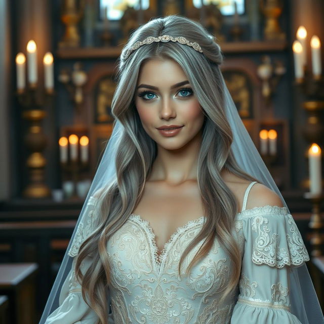 A stunningly beautiful cleric, a slender young European girl with very large, tender push-up breasts