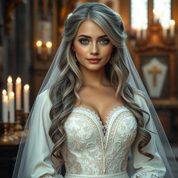 A stunningly beautiful cleric, a slender young European girl with very large, tender push-up breasts