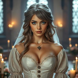 A stunning European cleric girl with an alluring, diamond-shaped face, characterized by bright turquoise eyes and long, soft layers of ash grey hair