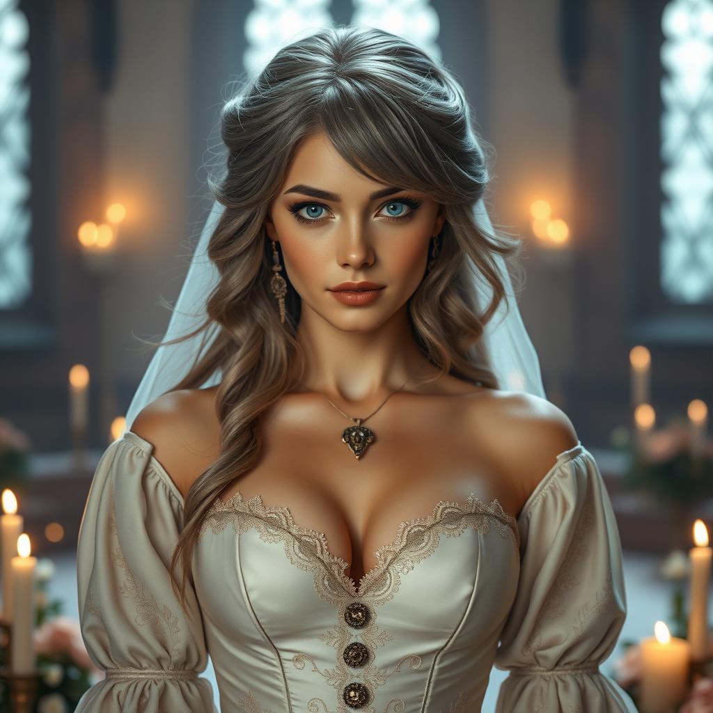 A stunning European cleric girl with an alluring, diamond-shaped face, characterized by bright turquoise eyes and long, soft layers of ash grey hair