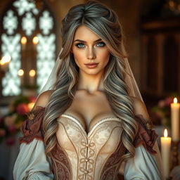 A stunning European cleric girl with an alluring, diamond-shaped face, characterized by bright turquoise eyes and long, soft layers of ash grey hair