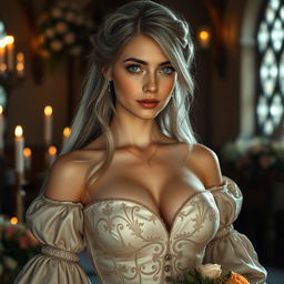 A stunning European cleric girl with an alluring, diamond-shaped face, characterized by bright turquoise eyes and long, soft layers of ash grey hair