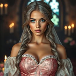 A stunning European cleric girl with an alluring, diamond-shaped face, characterized by bright turquoise eyes and long, soft layers of ash grey hair