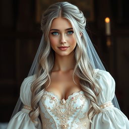 A stunningly beautiful European cleric girl with a slender figure and very large, tender push-upped breasts