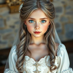 A stunningly beautiful European cleric girl with a slender figure and very large, tender push-upped breasts